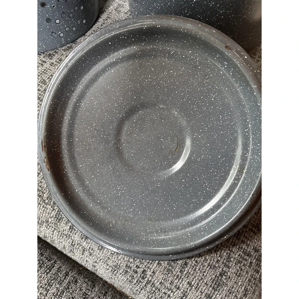 Vintage Grey Speckled Granite Ware Enamel Steamer Pot Set with Lid 3 Piece